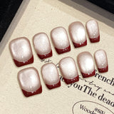 10pcs Press On Nails Retro Red Cat's Eye Simple Handmade Fake Nails Short Long Ballet Wearable Wine Red French False Nail Coffin