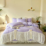 Korean style Princess lace bow bedding set pink sweet girl chiffon ruffles duvet cover bed sheet pillowcase wedding home textile