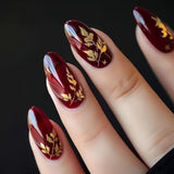 24pcs Wine Red Press on Nails Art Shiny Powder Leaves Pattern False Nails Tips Simple Almond Fake Nail Wearable Full Cover Nail