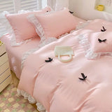 French Ins Princess Style Lace Four-piece Set Washed Cotton Embroidered Quilt Cover Set Bow Girly Heart Bed Sheet Three-piece