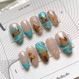 Almond Press on Fake Nails 3D Ripple Star False Nails Blue Smudge Detachable Full Cover Nails Tips 3D Shell Pearl Acrylic Nail