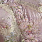 Flower Prints Ruffles Summer Cool Feeling Bedding Set 800TC Lyocell Soft Silky Duvet Cover Flat/Fitted Bed Sheet Pillowcase 4Pcs
