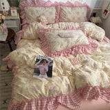 Korean Princess Style Floral Ruffles Bedding Set Washed Cotton Duvet Cover Bed Sheet Pillowcases Single Full Queen Size 3/4Pcs