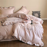 Luxury Egyptian Cotton French Princess Wedding Bedding Set Ruffles Black Edge Jacquard Duvet Cover Bed Sheet Pillowcases