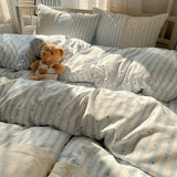 Striped Princess Bedding Set INS Nordic Girls Soft Washed Cotton Bed Flat Sheet Twin Queen Size Duvet Set Pillowcase Bed Linens