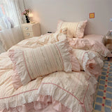 100% Cotton Duvet Cover Set Pink Floral Lace Ruffle Bow Bedding Set Romantic Princess Style Bed Sheet Pillowcase Home Textiles