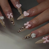 24pcs Long Almond False Nails Black French Ballerina Press on Nails Y2k Flower Bow with Leopard Print Full Cover Fake Nail Tips
