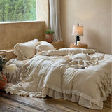 French Vintage Princess Style 4-Piece Bedding Set – Cotton Linen Blend with Lace and Bow Trim, Duvet Cover & Bedspread