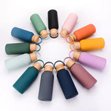 350ML Small Mouth THERMOS CUP Portable Handle Bamboo Wood Cover Vacuum Double Stainless Steel Simple Outdoor MINI WATER BOTTLE