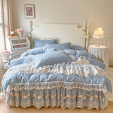 100% Cotton Flowers Lace Embroidery Ruffles Princess Weding Bedding Set Duvet Cover Quilted Bed Skirt Bedspread Pillowcases 4Pcs