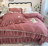 100% Cotton yarn-dyed Plaid Washed Cotton Ruffles Korean Princess Bedding Set Duvet Cover Quilted Bedspread Pillowcases 4Pcs