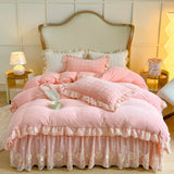 3/4Pcs Warm Milk Velvet Bedding Set Luxury Princess Flowers Lace Edge Duvet Cover Bed Skirt Bedspread Pillowcase Home Textile