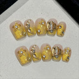 10Pcs Short Autumn Handmade Press on Nails French Cat Eye Pearl Rhinestone Shiny French Square False Nails Wearable Manicure Art