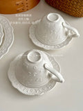 French Relief Coffee Cup Dish Set Exquisite Household Ceramic Drinking Cups With Handle White Round Plates 2Pcs Drinkware Suit