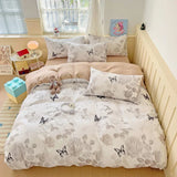 Cartoon Style Bedding Set Pink Colo Cute Cat Printed Bed Sheet Sets Washed Cotton Bed Set Single/Queen King Size Bedding Sets