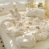 3/4Pcs Washed Cotton Skin-friendly Soft Princess Rose Towel Embroidery Flowers Bedding Set Soft Duvet Cover Bed Sheet Pillowcase