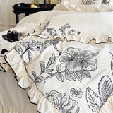 1000TC Egyptian Cotton Flowers Plant Leopard Embroidery Ruffles Bedding Set Duvet Cover Set Flat/Fitted Sheet Pillowcases 4Pcs