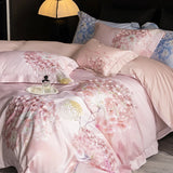 Premium 1000TC Egyptian Cotton Flowers Print With Embroidery Bedding Set Duvet Cover Set Flat/Fitted Bed Sheet Pillowcases 4Pcs