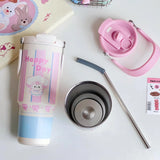 900ML Cute Insulated Tumbler Coffee Cup For Girls 316 Stainless Steel Thermo Bottle Travel Mug Vacuum Flask With Handle Straw