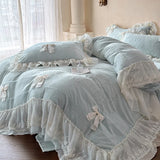 Carved Velvet Double Layer Lace Ruffles Bow Princess Bedding Set Winter Warm Duvet Cover Flat Bed Sheet Pillowcases 4Pcs