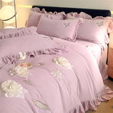 Flowers Embroidery Ruffles Thickened Soft Warm Velvet Bedding Set Queen King Size Plush Duvet Cover Set Bed Sheet Pillowcases