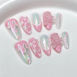 10Pcs Aurora Pink Almond Handmade Press On Nails Full Cover Bowknot Design French Fake Nail Artificial Manicure Wearable Nails