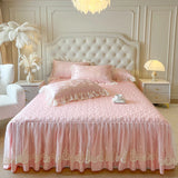 4/6Pcs Pink Butterfly Jacquard Three-layer Lace Ruffles Princess Wedding Bedding Set Duvet Cover Bed Skirt Bedspread Pillowcases