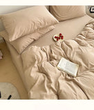 INS Korean Style Fresh Blue Duvet Cover Washed Cotton Bed Sheet Bed Skirt Four-Piece Set Dormitory Simple Solid Color