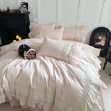 Pink Luxury Princess Wedding Lace Ruffles 100% Cotton Bedding Set Duvet Cover Bed Sheet/Bed Skirt/Fitted Sheet Pillowcases 4Pcs