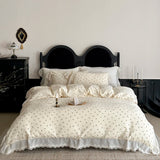 Vintage French Floral Lace Ruffles Pure Cotton Double Yarn Soft Princess Bedding Set Duvet Cover Bed Sheet Set Pillowcases 4Pcs