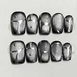 10Pcs Black Handmade Press on Nails Full Cover Glitter Cat Eye Design Short Ballerina Artificial False Nails Manicure Nail Tips