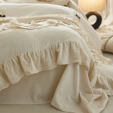 Princess Style Lace Trim Cotton Linen 4Pcs Bedding Set, French High-End Linen Duvet Cover & Sheet Set, Machine Washable