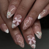 24Pcs/Box Shiny Cute False Nails French Almond Nails Simple Heart Design Sweet Press on Nails Full Cover Wearable Manicure Art