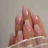 24Pcs Simple French Fake Nail with Gradient White Design Short Square Head False Nails Wearable Finished Manicure Press on Nails