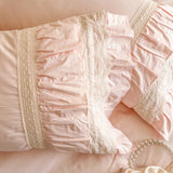 Pink Korean Princess Wedding 100% Cotton Bedding Set Four Layers Lace Ruffles Duvet Cover Bed Skirt Bedspread Pillowcases 4Pcs