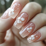 24pcs Sweet Cool False Nails Gradient French Fake Nail Tips with Purple Flowers Design Short Square Press on Nails Colorful Nail