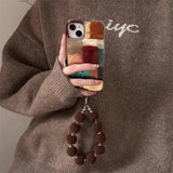 Retro brown red color blocked phone case with fur ball phone chain For iPhone 11 12 13 14 15 pro max