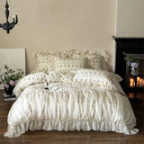 4Pcs Vintage French Pure Cotton Rose Print Pleated Lace Ruffles Bedding Set Queen King Size Duvet Cover Set Bed Sheet Pillowcase