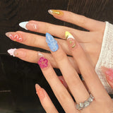 10pcs 3D Handmade False Almond Nails Press On Nails Crystal Flower Carved Decoration Gradient French Long Nude Pink Fake Nails