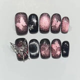 10Pcs Handmade Press on Nails with Cat Eye Rhinestone False Nails 3D Butterfly Spice Girls Square Ballerina Wearable Manicure