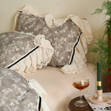 Vintage French Lace Ruffles Bedding Set Pure Cotton Wrinkled Yarn Soft Duvet Cover Set Flat/Fitted Bed Sheet Pillowcases 4Pcs