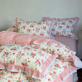100% Cotton Korean Princess Style Rose Floral Plaid Ruffles Bedding Set Queen King Size Duvet Cover Bed Sheet Pillowcases 4Pcs