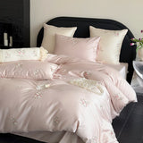 Pink Flowers Embroidery Bedding Set Egyptian Cotton Single Queen King Size Duvet Cover Flat/Fitted Bed Sheet Pillowcases 3/4Pc