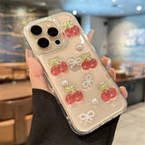 INS Cute Glitter 3D Cherry Bow Clear Phone Case For iPhone 16 15 14 13 12 11 Pro Max Pearl Shockproof Phone Case Cover
