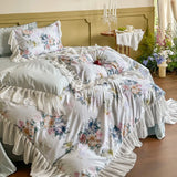 1000TC Egyptian Cotton Vintage French Lace Ruffles Floral Print Bedding Set Duvet Cover Set Bed Sheet/Fitted Sheet Pillowcases
