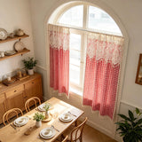 Bohemian Crochet Tassel Flat Curtain Design,Two Tone Red Checkered Pattern Curtain Fabric For Living Room And Bedroom Window