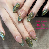 3D Flower Acrylic Fake Nail Press on Nails Glossy Green Glitter Stick on Fingernail French Tips Medium Almond False Nails 24Pcs