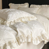 Beige Jacquard Satin Cotton Bedding Sets Luxury Lace Embroidery Duvet Cover Flat or Fitted Bed Sheet Pillowcases Home Textile
