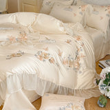 Rose Flowers Embroidery Lace Ruffles Bedding Set Lyocell Cotton Soft Silky Cooling Duvet Cover Flat/Fitted Bed Sheet Pillowcases