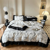 Washed Cotton Bedding Sets With Lace Black Printed Four Piece Set Bedroom Decor Duvet Cover Pillowcase Bedspread Bed Cover Sets